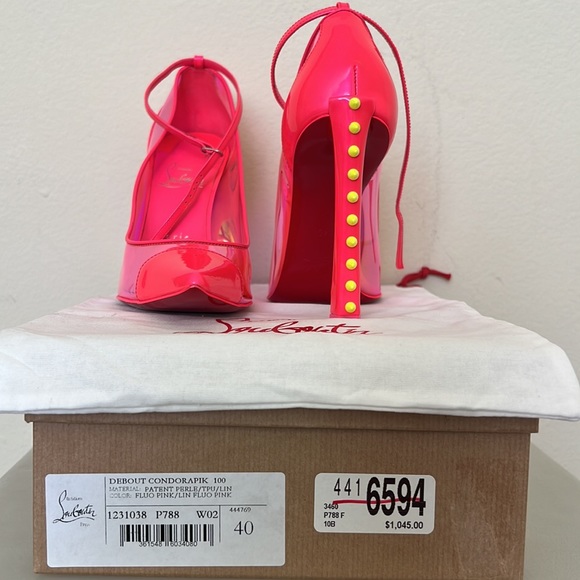Christian Louboutin hot pink iridescent pump with neon yellow studs. - Picture 12 of 13